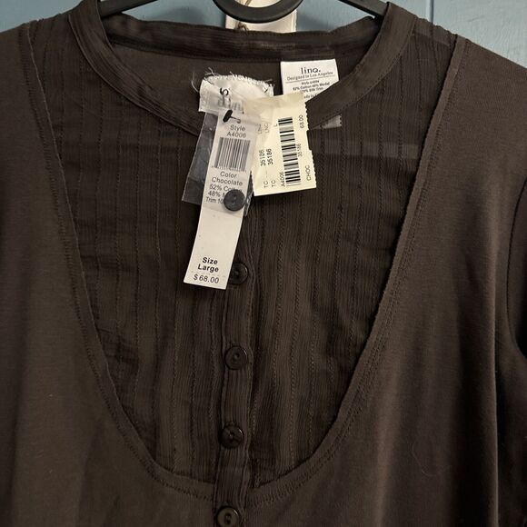 LINQ California Chocolate Brown Henley Women’s Size L Large MSRP‎ $68 NWT - Picture 2 of 6